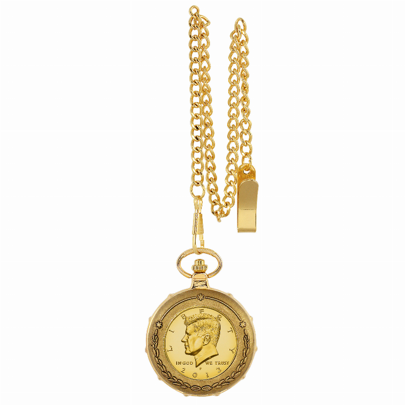 Gold-Layered JFK Half Dollar Train Coin Pocket Watch with Skeleton Movement