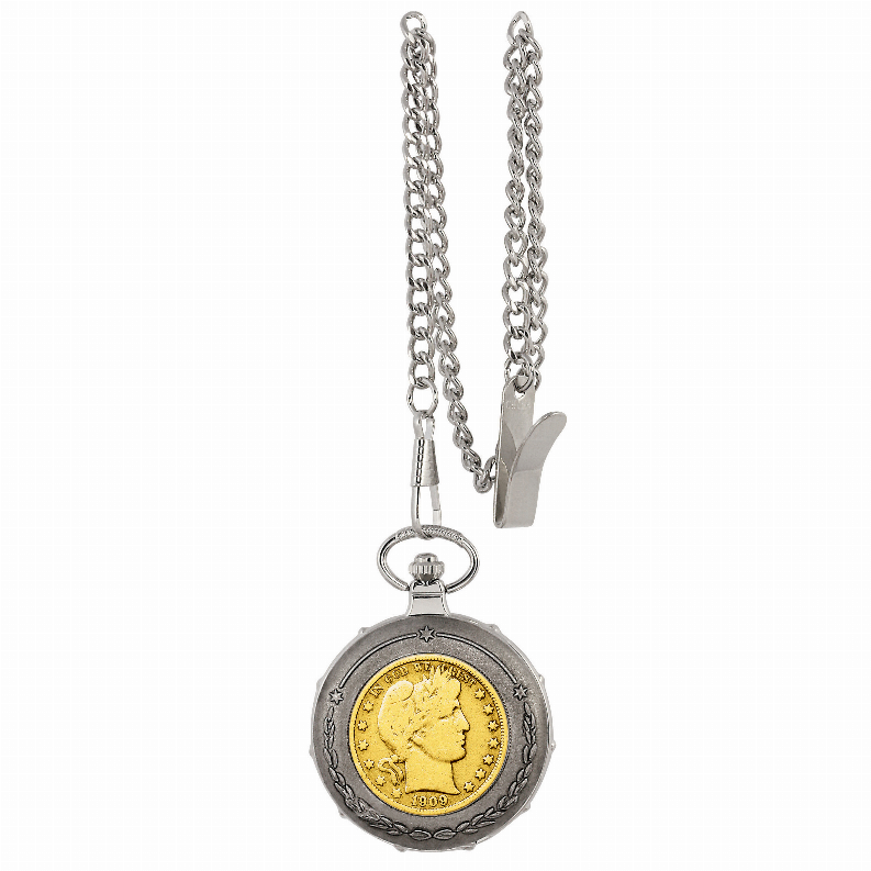 Gold-Layered Silver Barber Half Dollar Train Coin Pocket Watch