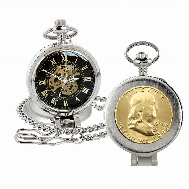 Gold-Layered Silver Franklin Half Dollar Coin Pocket Watch with Skeleton