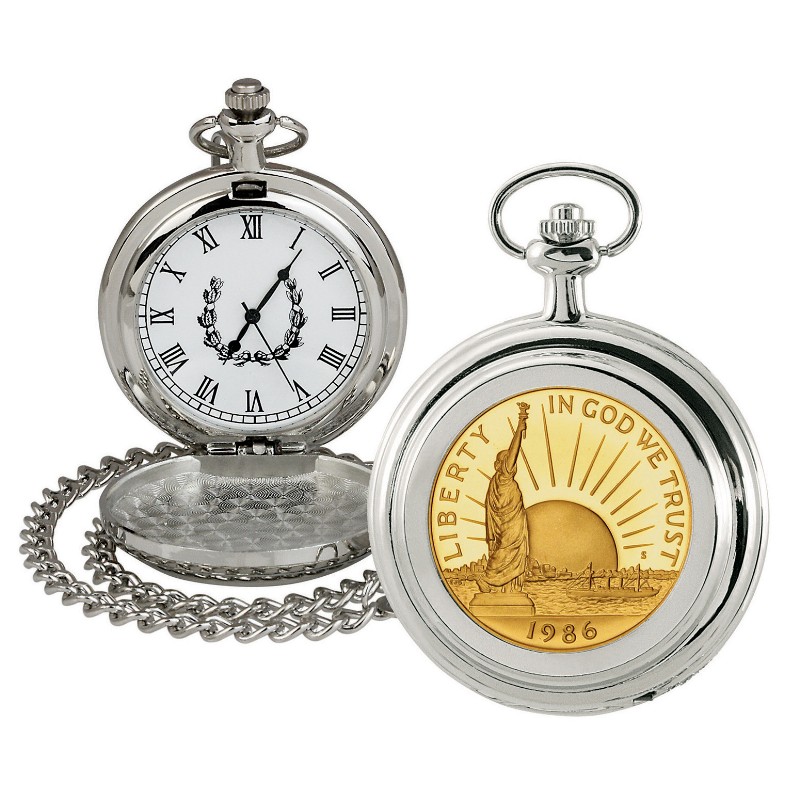 Gold-Layered Statue of Liberty Commemorative Half Dollar Coin Pocket Watch