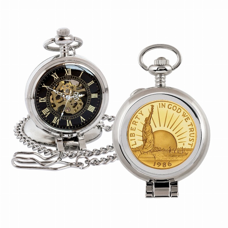 Gold-Layered Statue of Liberty Commemorative Half Dollar Coin Pocket Watch with Skeleton