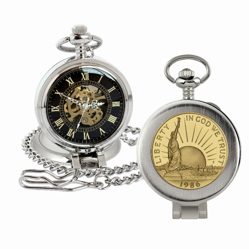 Gold-Layered Statue of Liberty Commemorative Half Dollar Coin Pocket Watch with Skeleton
