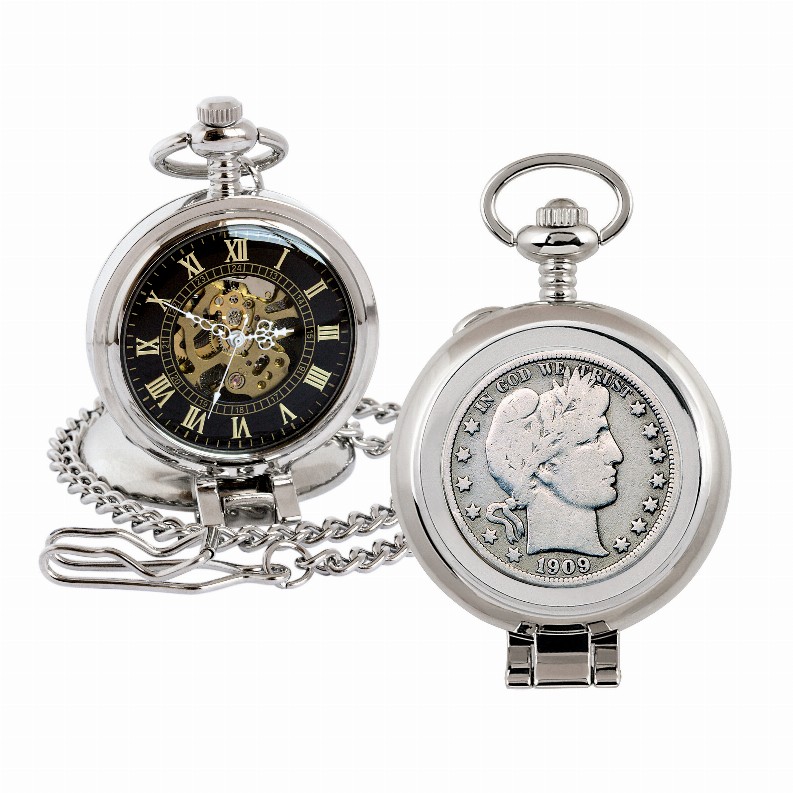 Silver Barber Half Dollar Coin Pocket Watch with Skeleton Movement