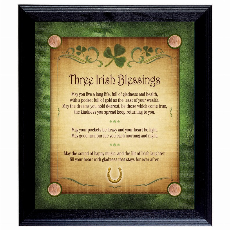 Three Irish Blessings with 4 Lucky Irish Pennies Wall Frame