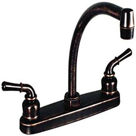 Kitchen Faucet, 8In Hi-Arc, 2 Lever Teacup, 1/4 Turn, Plastic, Rubbed Bronze
