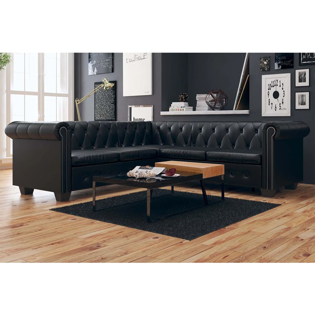 vidaXL Chesterfield Corner Sofa 5-Seater Black Faux Leather