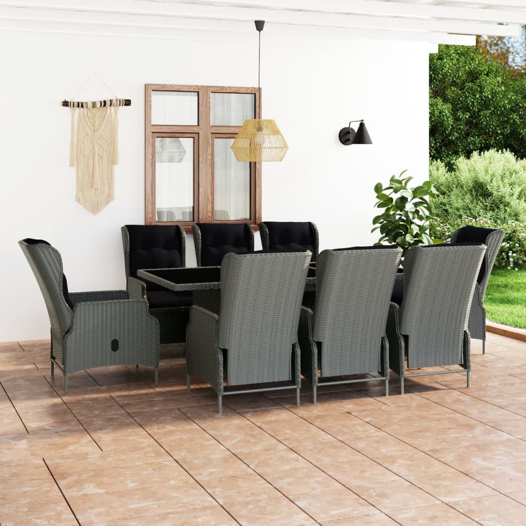 vidaXL 9 Piece Patio Dining Set with Cushions Poly Rattan Light Gray