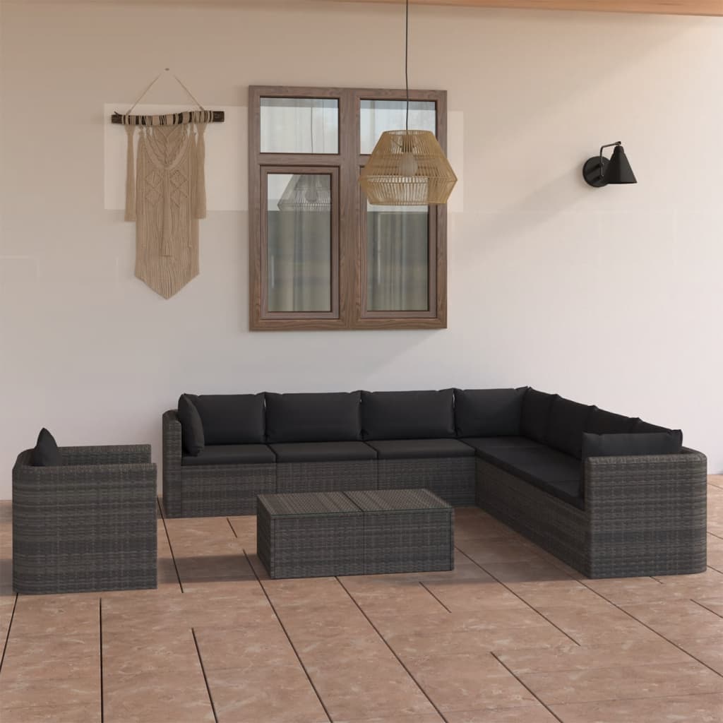 vidaXL 9 Piece Patio Lounge Set with Cushions Poly Rattan Gray