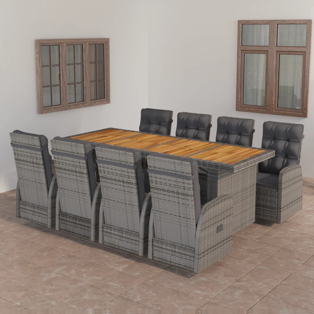 vidaXL 9 Piece Patio Dining Set with Cushions Poly Rattan Gray