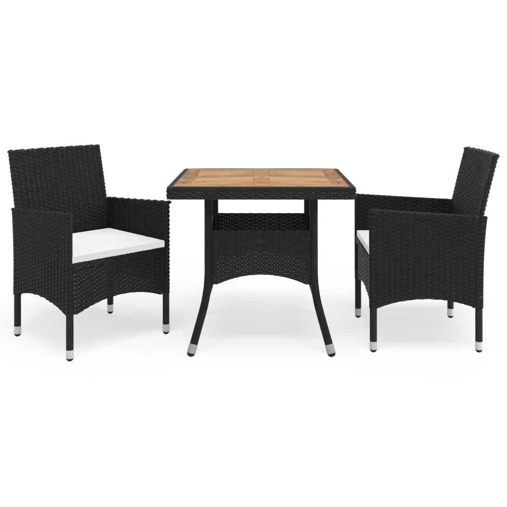 vidaXL 3 Piece Patio Dining Set Black Poly Rattan and Acacia Wood