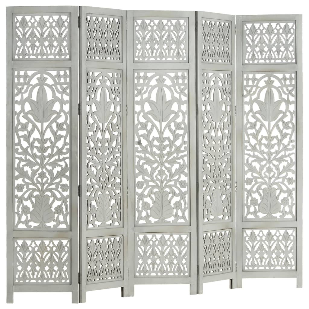 vidaXL Hand Carved 5-Panel Room Divider Gray 78.7"x65" Solid Mango Wood