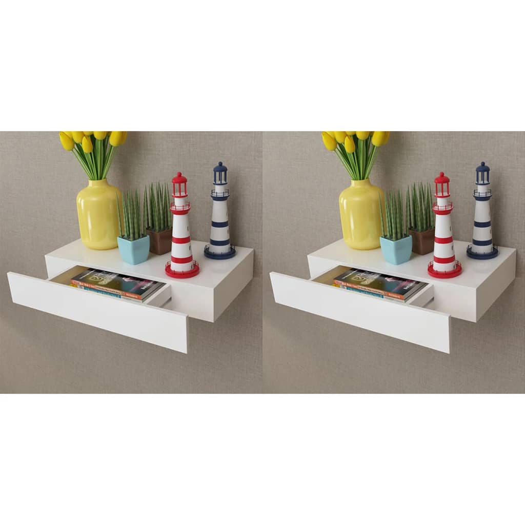 vidaXL Floating Wall Shelves with Drawers 2 pcs White 18.9"