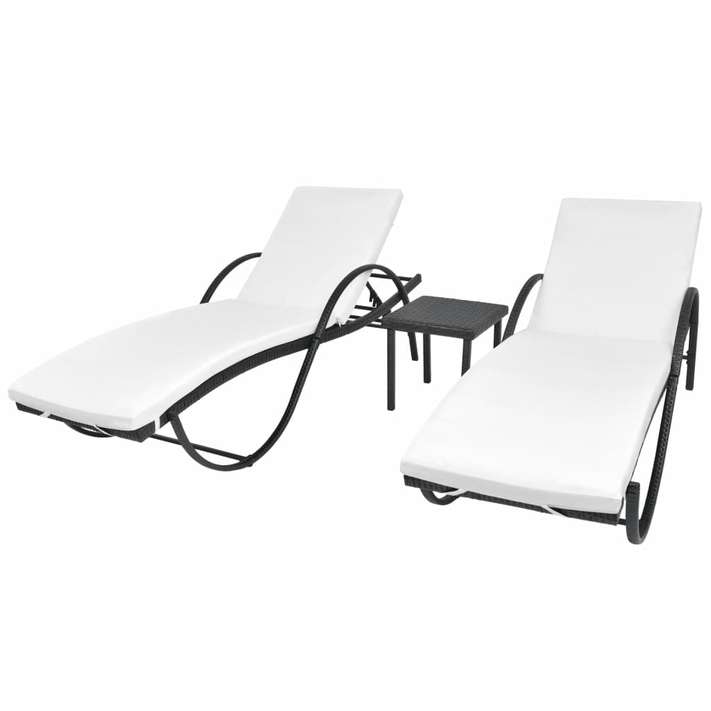 vidaXL Sun Loungers 2 pcs with Table Poly Rattan Black