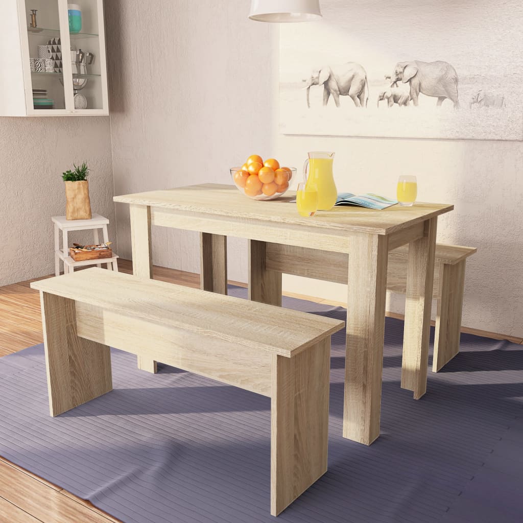 vidaXL Dining Table and Benches 3 Pieces Chipboard Oak