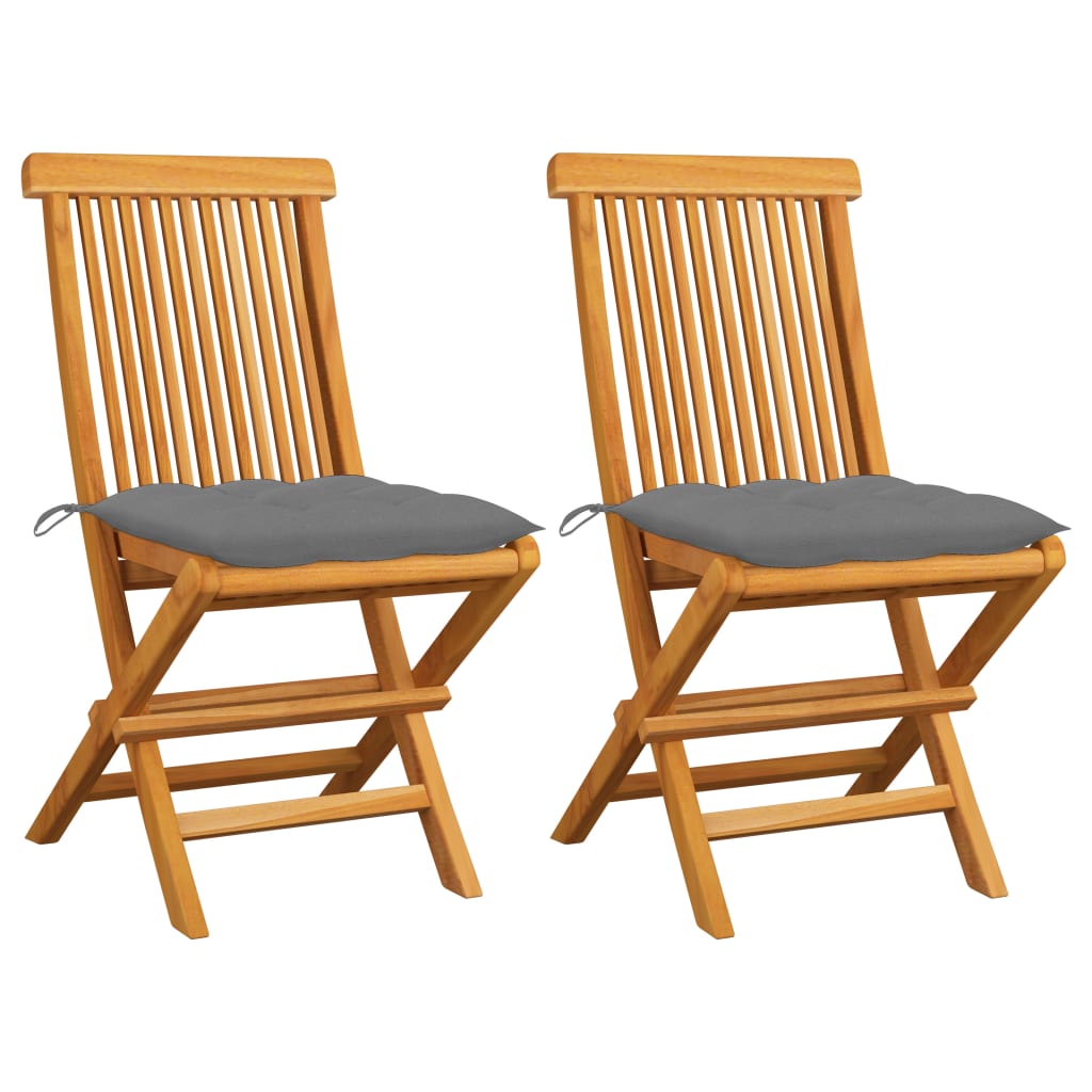 vidaXL Patio Chairs with Gray Cushions 2 pcs Solid Teak Wood