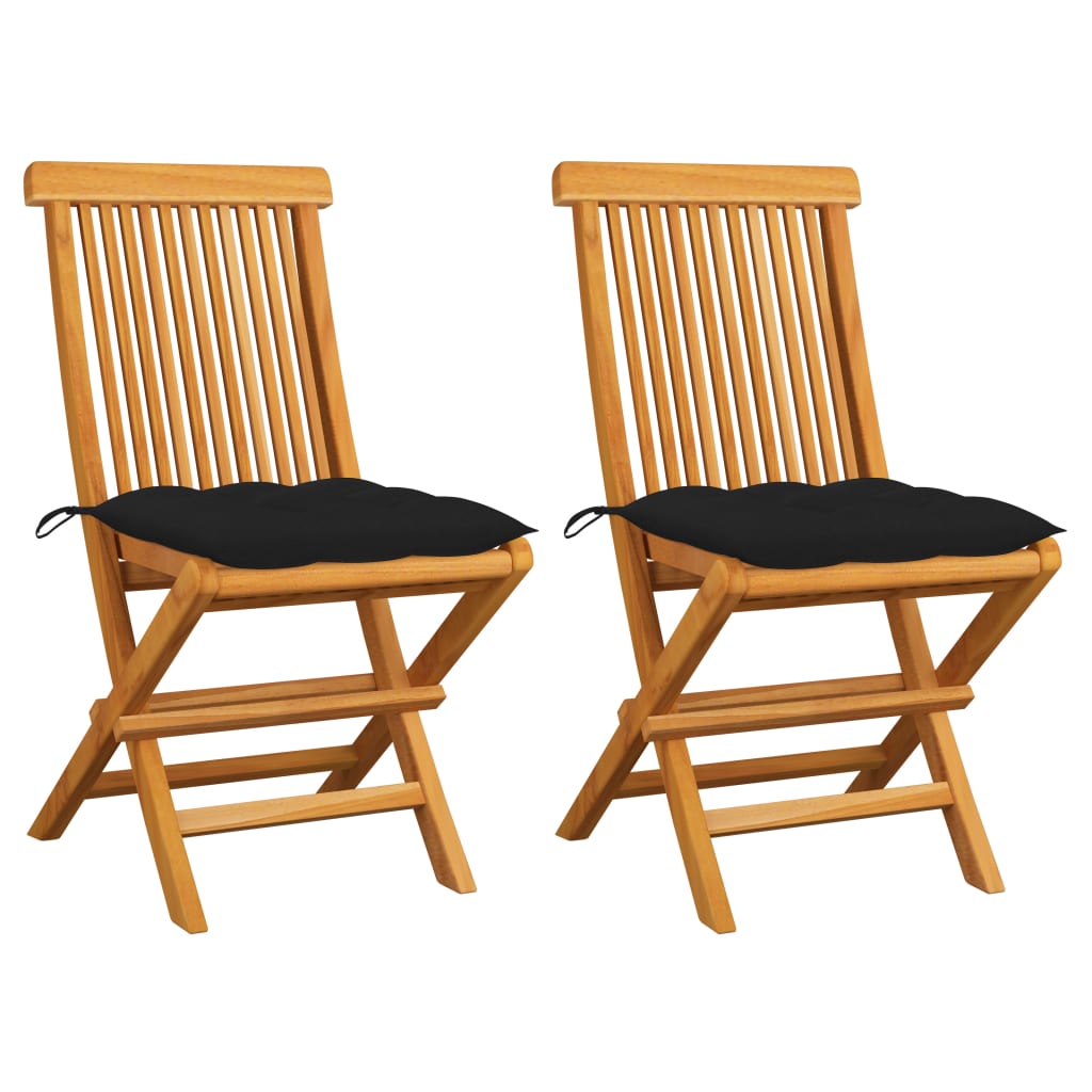 vidaXL Patio Chairs with Black Cushions 2 pcs Solid Teak Wood