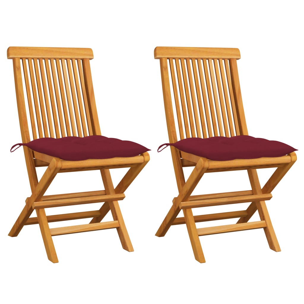 vidaXL Patio Chairs with Wine Red Cushions 2 pcs Solid Teak Wood