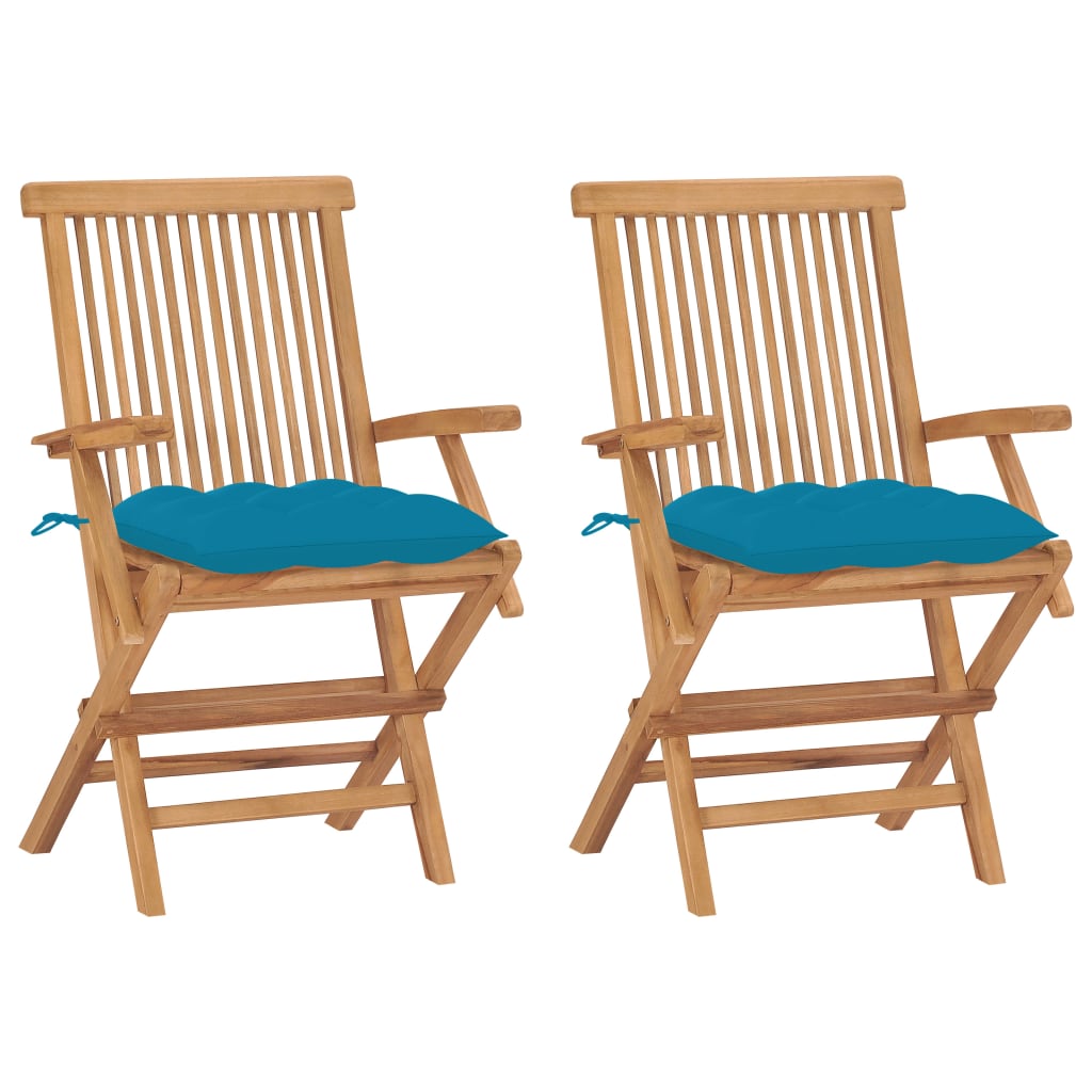 vidaXL Patio Chairs with Light Blue Cushions 2 pcs Solid Teak Wood