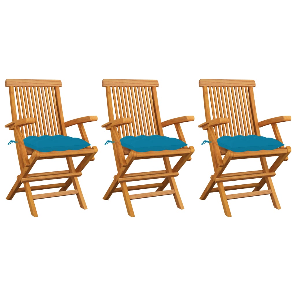 vidaXL Patio Chairs with Light Blue Cushions 3 pcs Solid Teak Wood