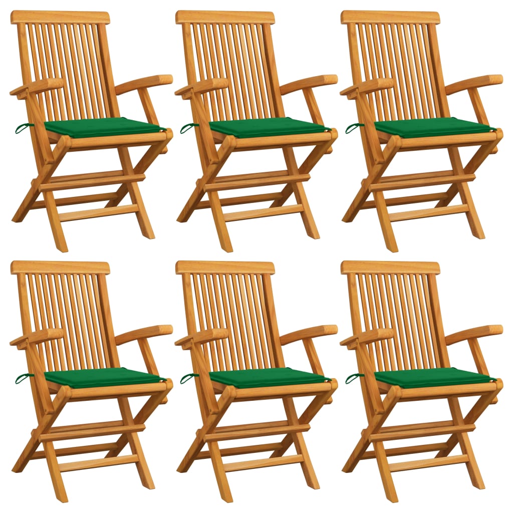 vidaXL Patio Chairs with Green Cushions 6 pcs Solid Teak Wood