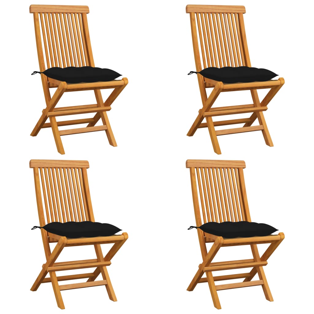 vidaXL Patio Chairs with Black Cushions 4 pcs Solid Teak Wood