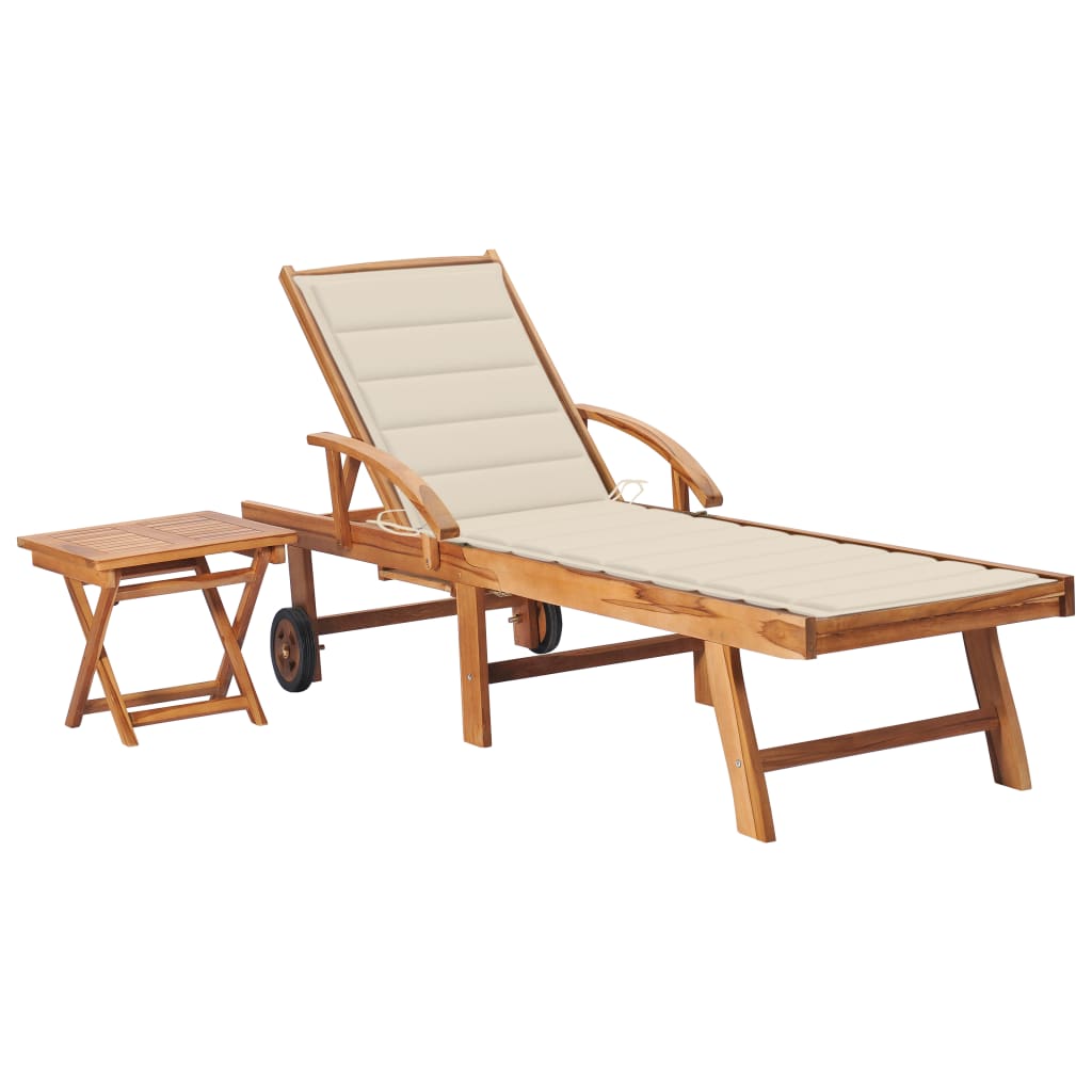 vidaXL Sun Lounger with Table and Cushion Solid Teak Wood