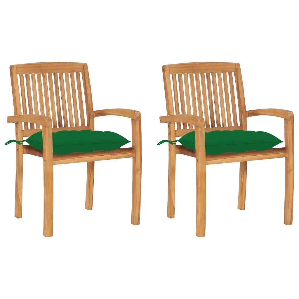 vidaXL Patio Chairs 2 pcs with Green Cushions Solid Teak Wood