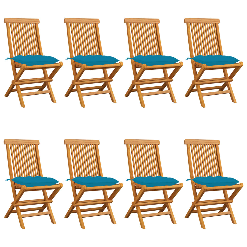 vidaXL Patio Chairs with Light Blue Cushions 8 pcs Solid Teak Wood