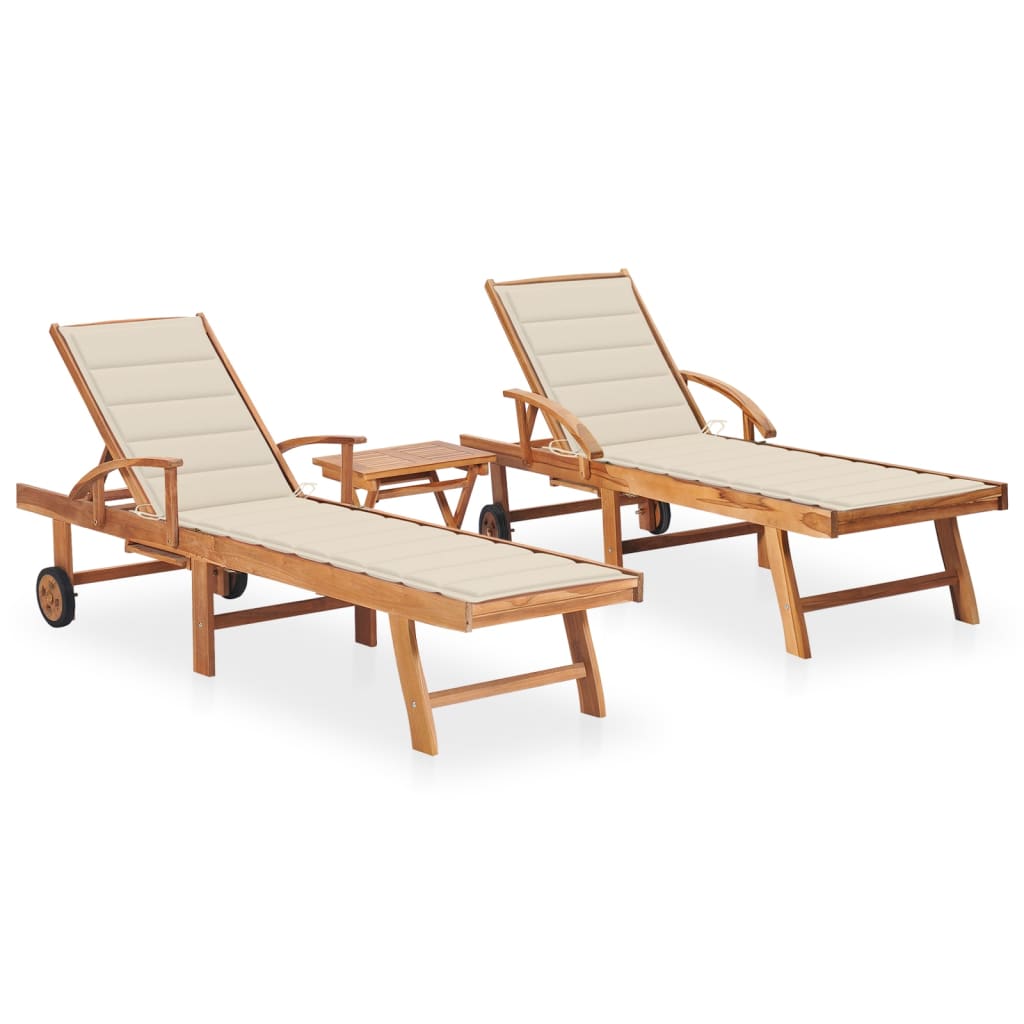 vidaXL Sun Loungers 2 pcs with Table and Cushion Solid Teak Wood