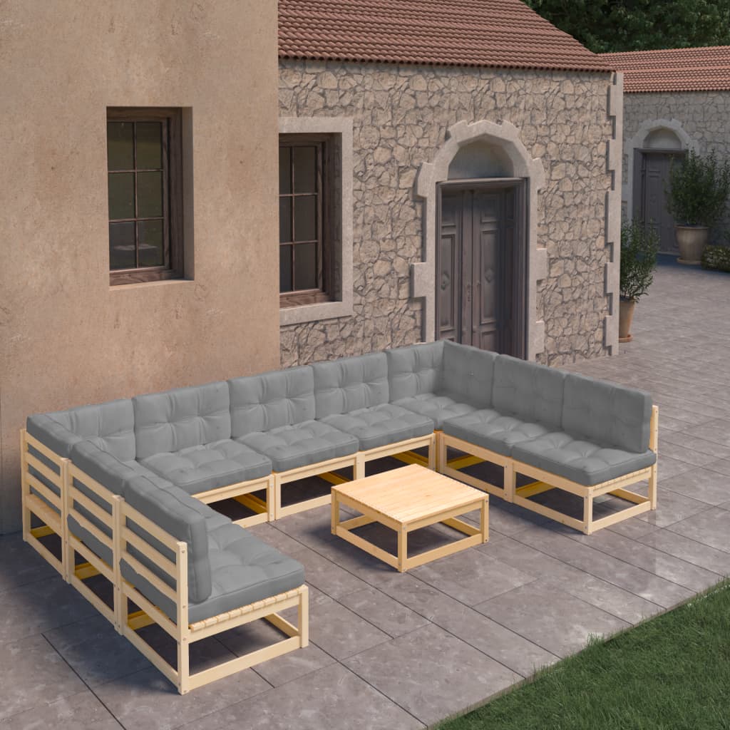 vidaXL 10 Piece Patio Lounge Set with Cushions Solid Pinewood