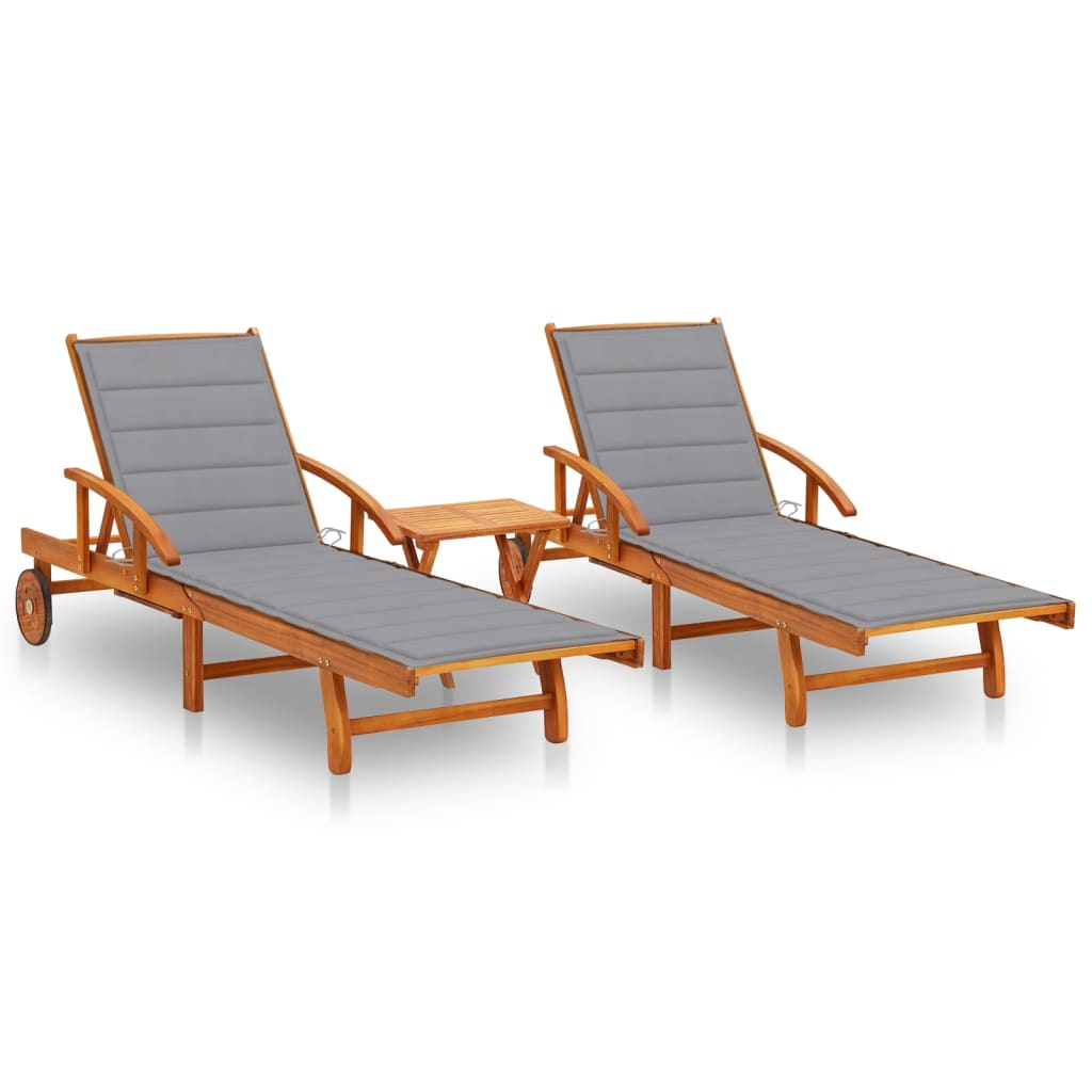 vidaXL Sun Loungers 2 pcs with Table and Cushions Solid Acacia Wood