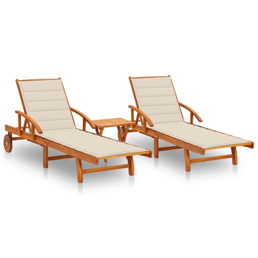 vidaXL Sun Loungers 2 pcs with Table and Cushions Solid Acacia Wood