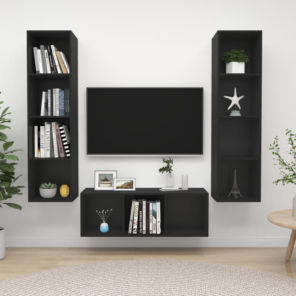 vidaXL 3 Piece TV Cabinet Set Black Chipboard