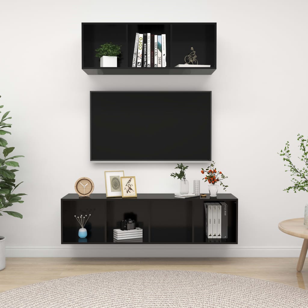 vidaXL 2 Piece TV Cabinet Set High Gloss Black Chipboard