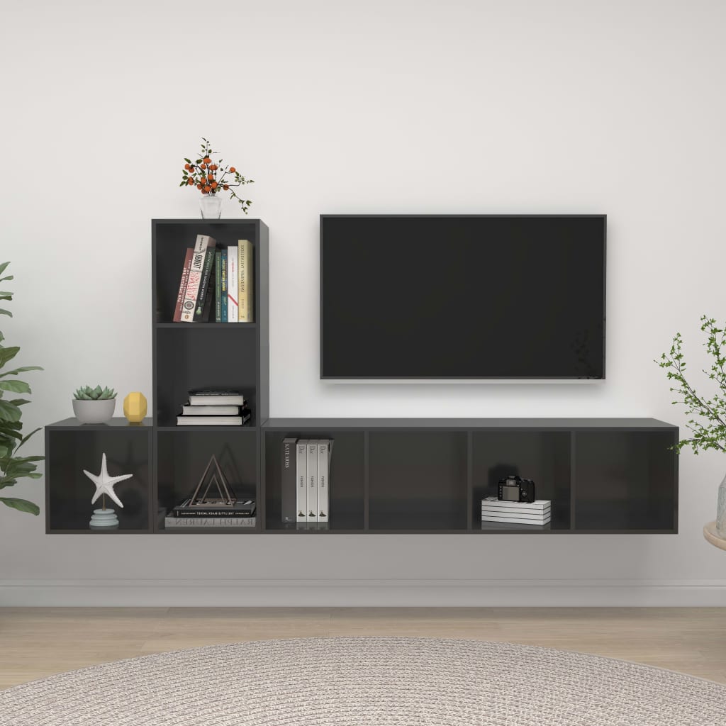 vidaXL 3 Piece TV Cabinet Set High Gloss Gray Chipboard