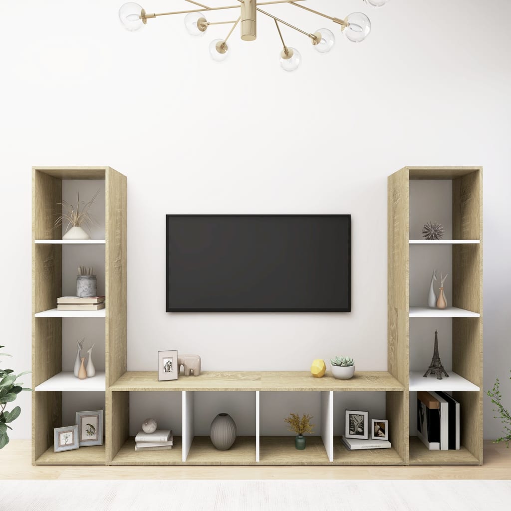 vidaXL TV Cabinets 3 pcs White & Sonoma Oak 56.1"x13.8"x14.4" Chipboard