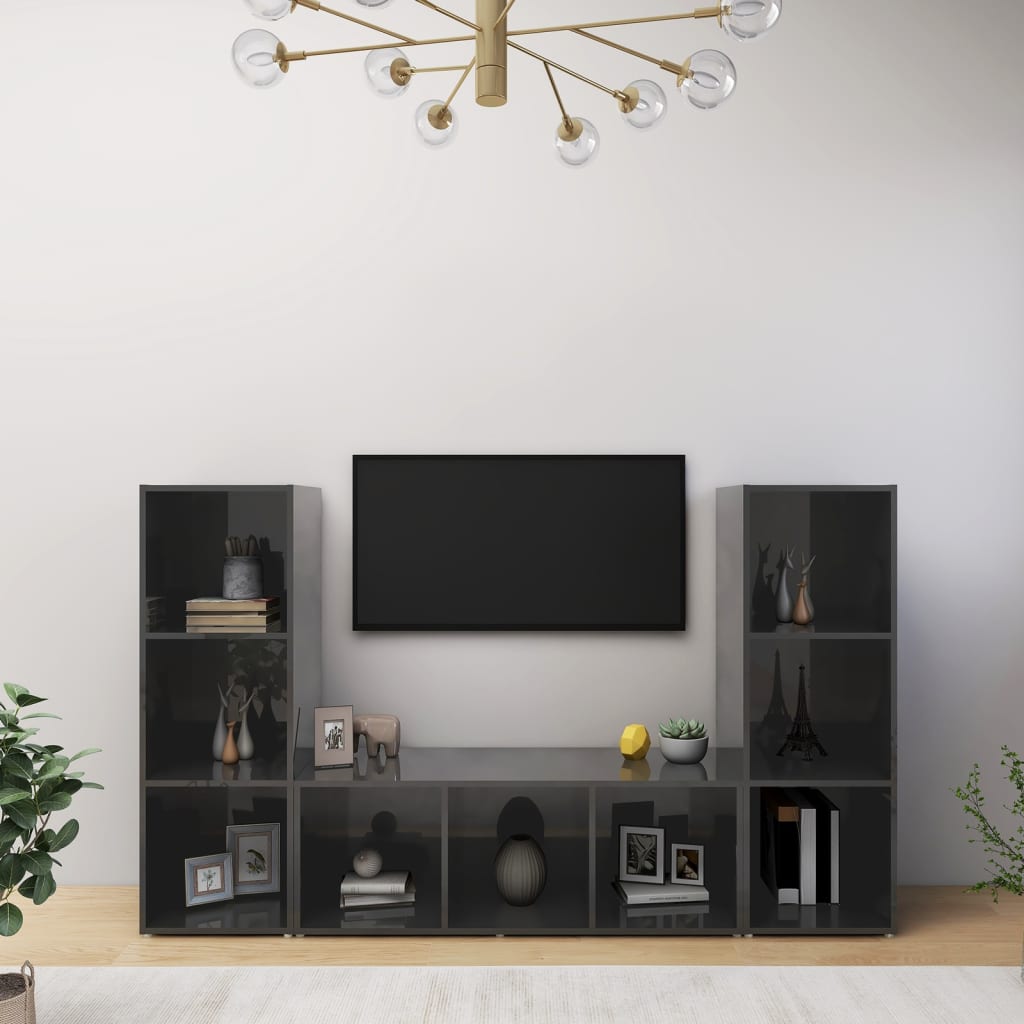 vidaXL TV Cabinets 3 pcs High Gloss Gray 42.1"x14"x15" Chipboard