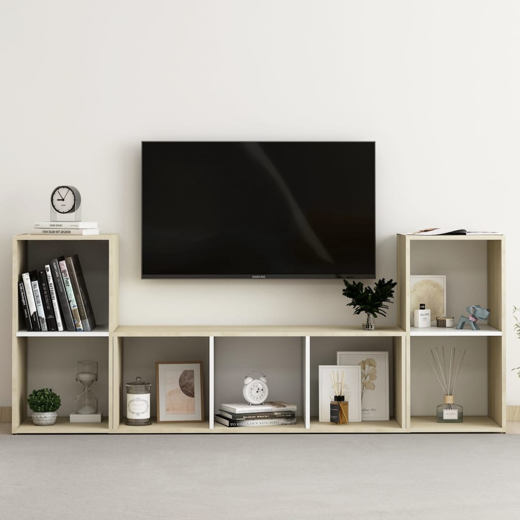 vidaXL 3 Piece TV Cabinet Set White and Sonoma Oak Chipboard