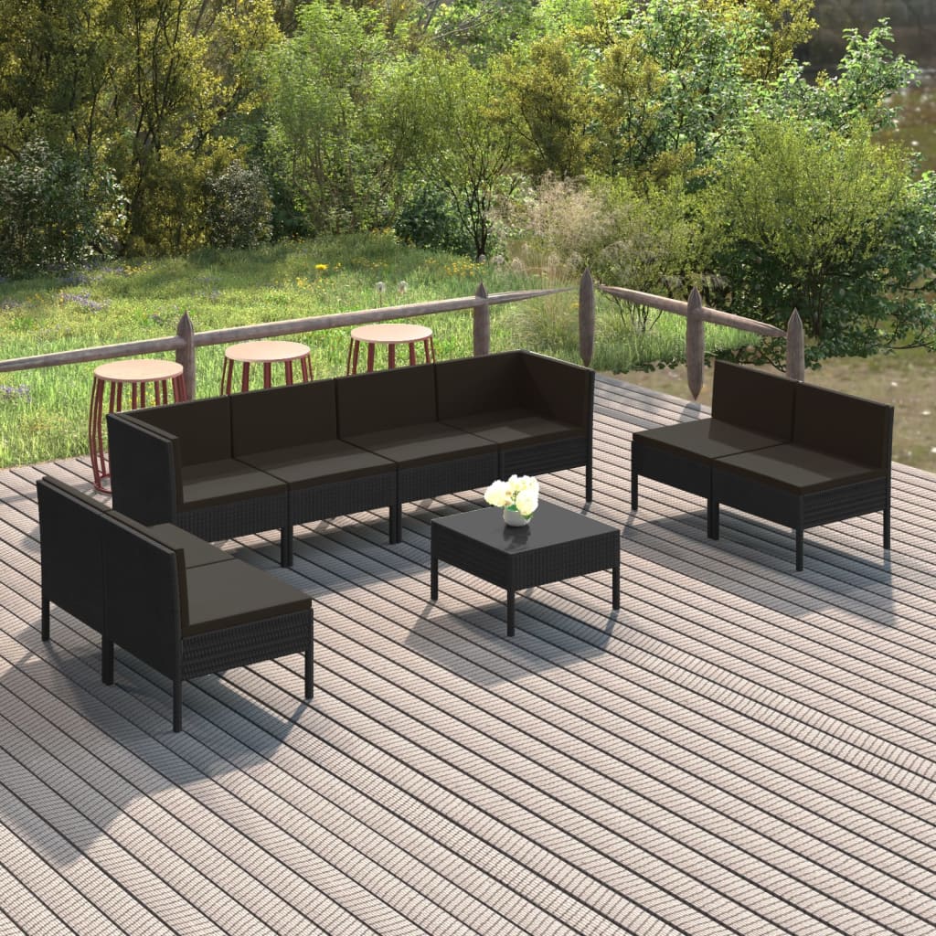 vidaXL 9 Piece Patio Lounge Set with Cushions Poly Rattan Black