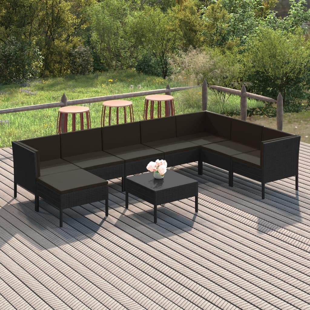 vidaXL 9 Piece Patio Lounge Set with Cushions Poly Rattan Black