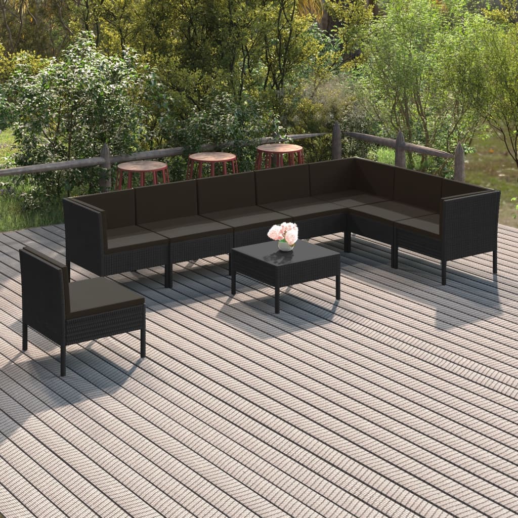 vidaXL 9 Piece Patio Lounge Set with Cushions Poly Rattan Black