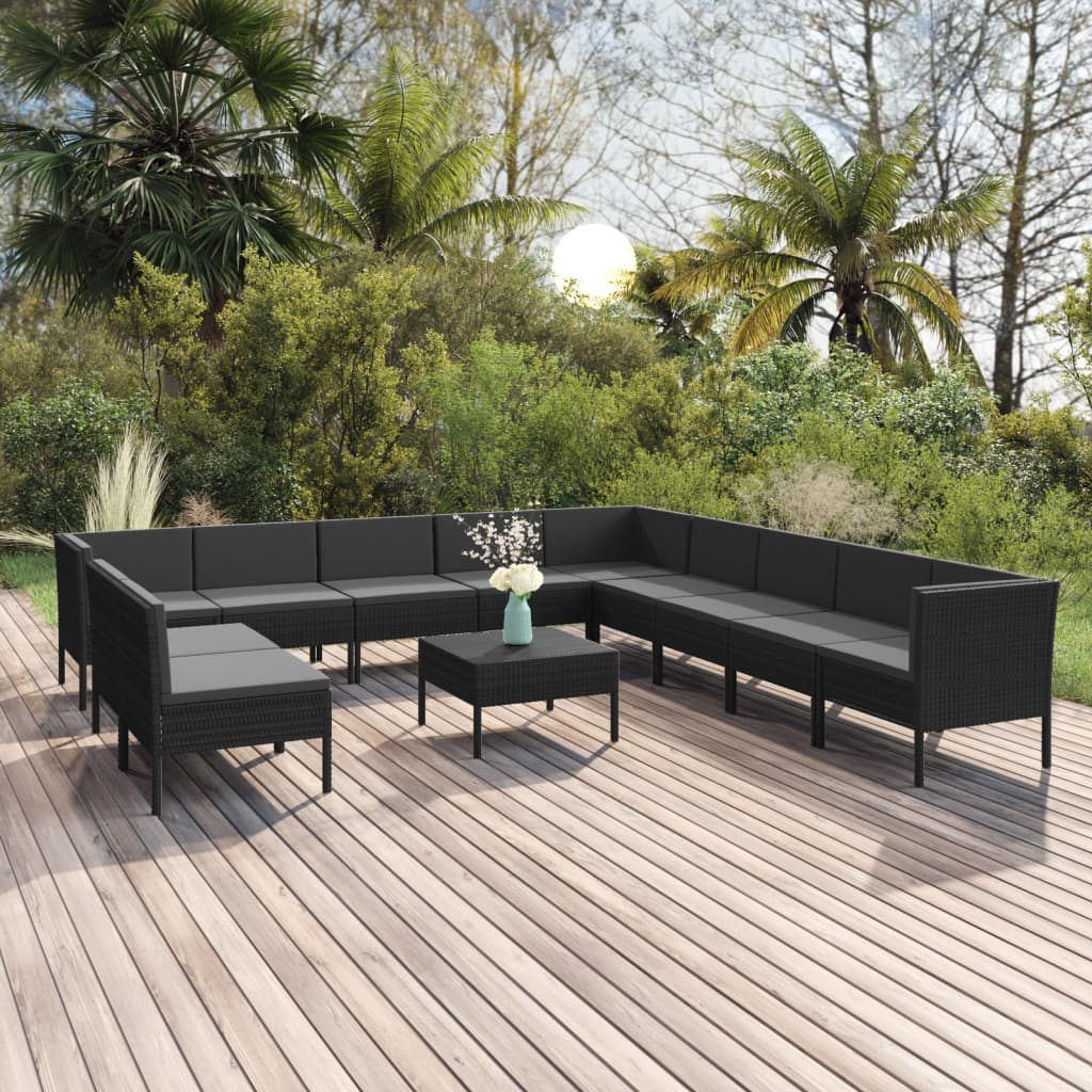 vidaXL 12 Piece Patio Lounge Set with Cushions Poly Rattan Black