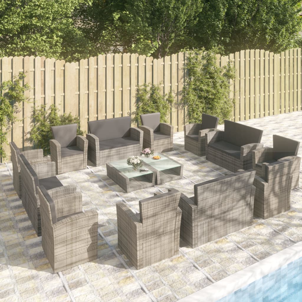 vidaXL 16 Piece Patio Lounge Set with Cushions Poly Rattan Gray