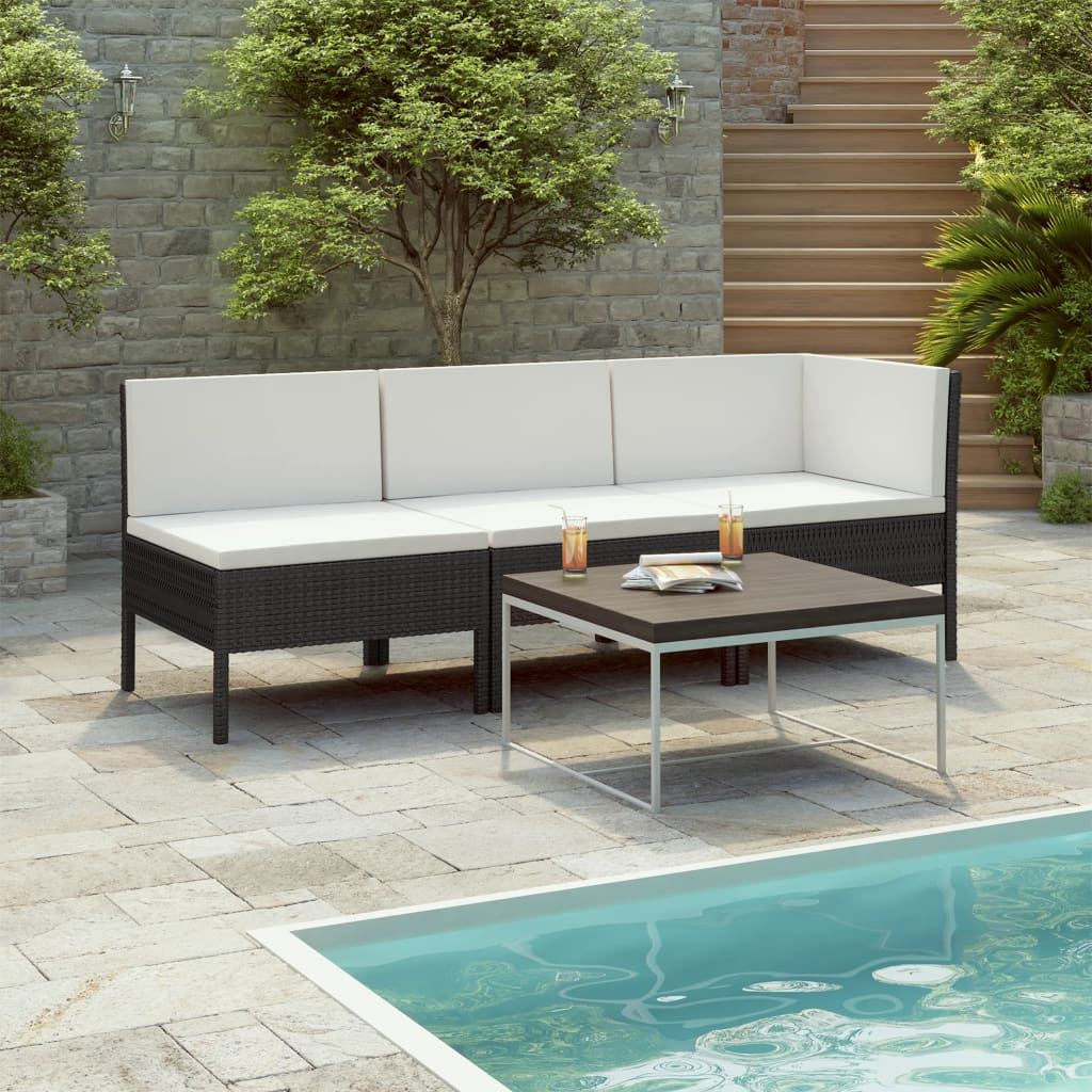 vidaXL 3 Piece Patio Lounge Set with Cushions Poly Rattan Black