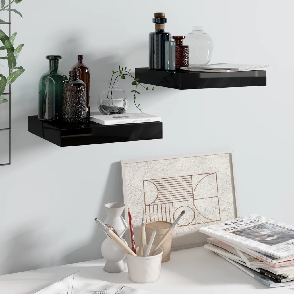 vidaXL Floating Wall Shelves 2 pcs High Gloss Black 9.1"x9.3"x1.5" MDF