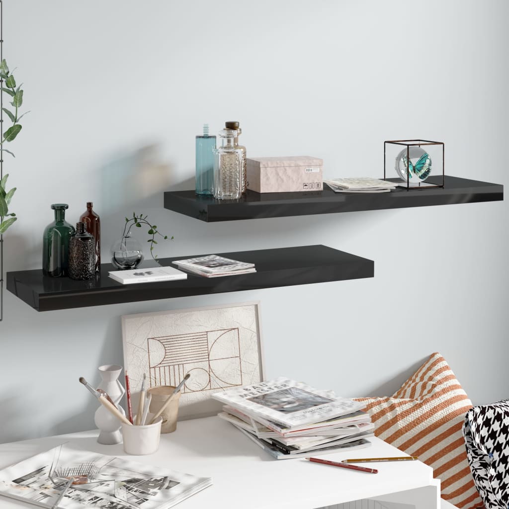 vidaXL Floating Wall Shelves 2 pcs High Gloss Black 31.5"x9.3"x1.5" MDF