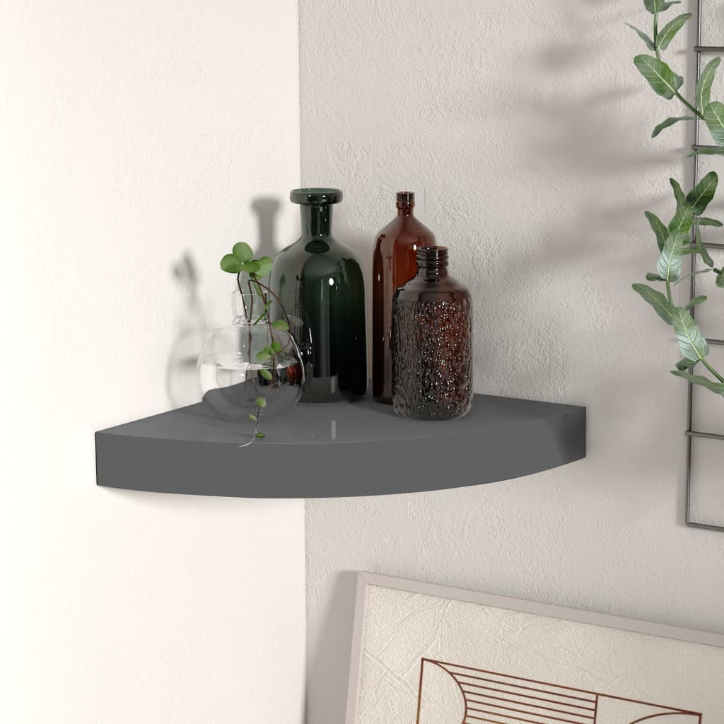 vidaXL Floating Corner Shelf High Gloss Gray 9.8"x9.8"x1.5" MDF