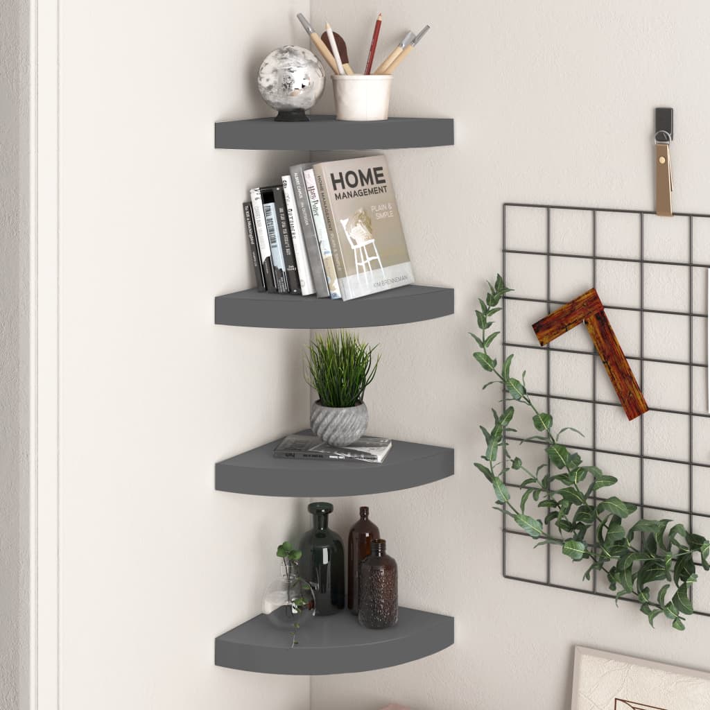 vidaXL Floating Corner Shelves 4 pcs High Gloss Gray 9.8"x9.8"x1.5" MDF