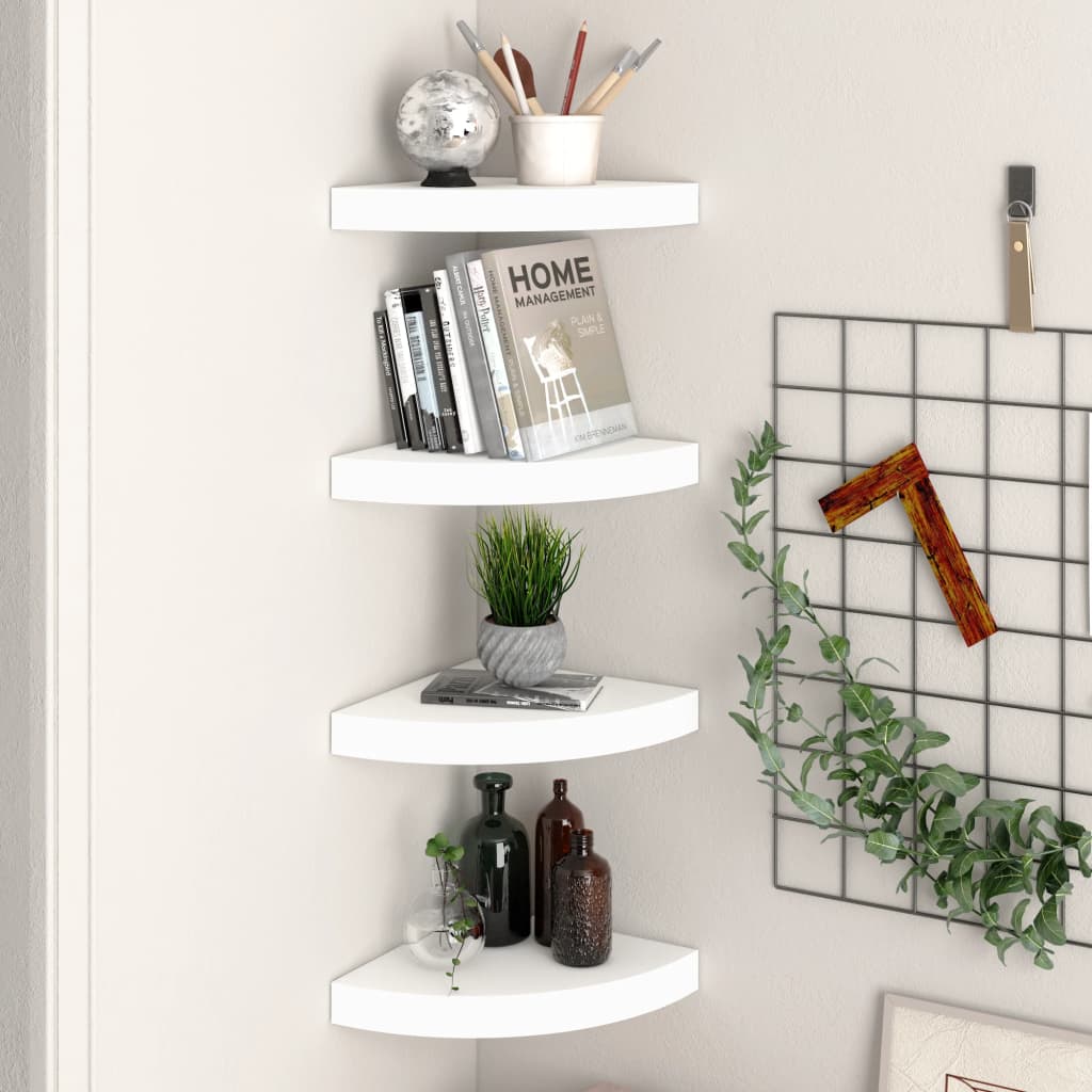 vidaXL Floating Corner Shelves 4 pcs White 9.8"x9.8"x1.5" MDF