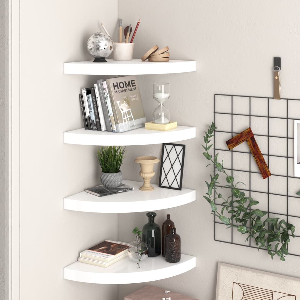 vidaXL Floating Corner Shelves 4 pcs High Gloss White 13.8"x13.8"x1.5" MDF